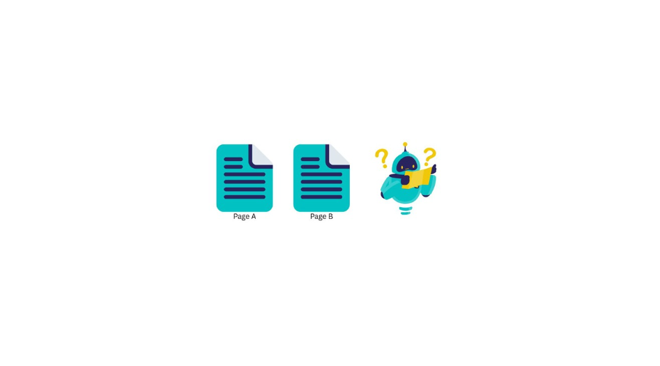 Image displaying Page A and Page B looking identical with a confused robot for keyword cannibalisation and tips to fix it