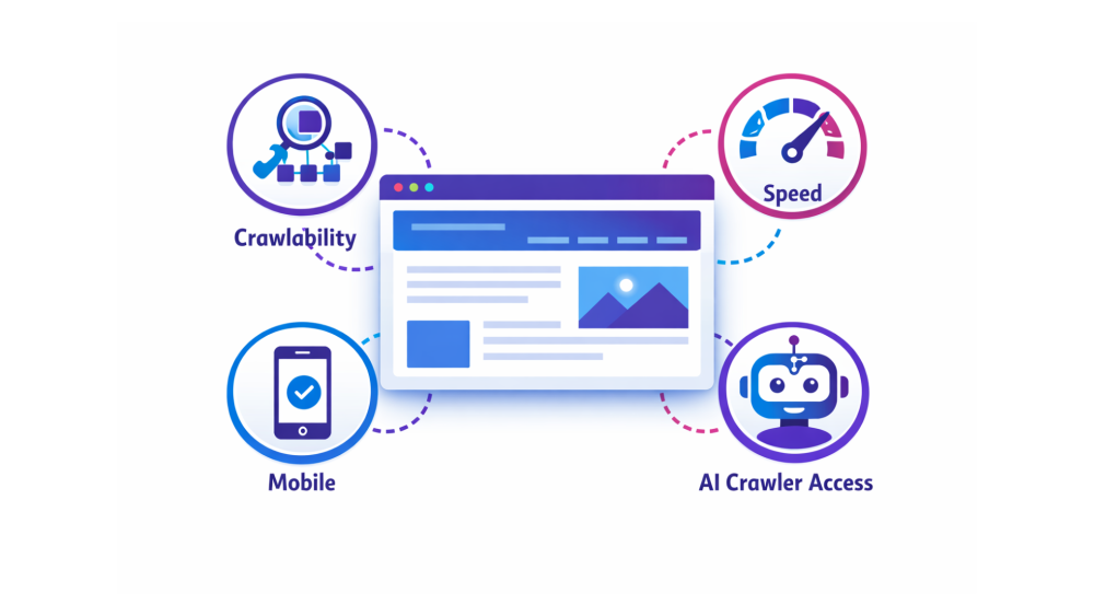 Technical SEO audit elements including crawlability, page speed, mobile experience and AI crawler accessibility