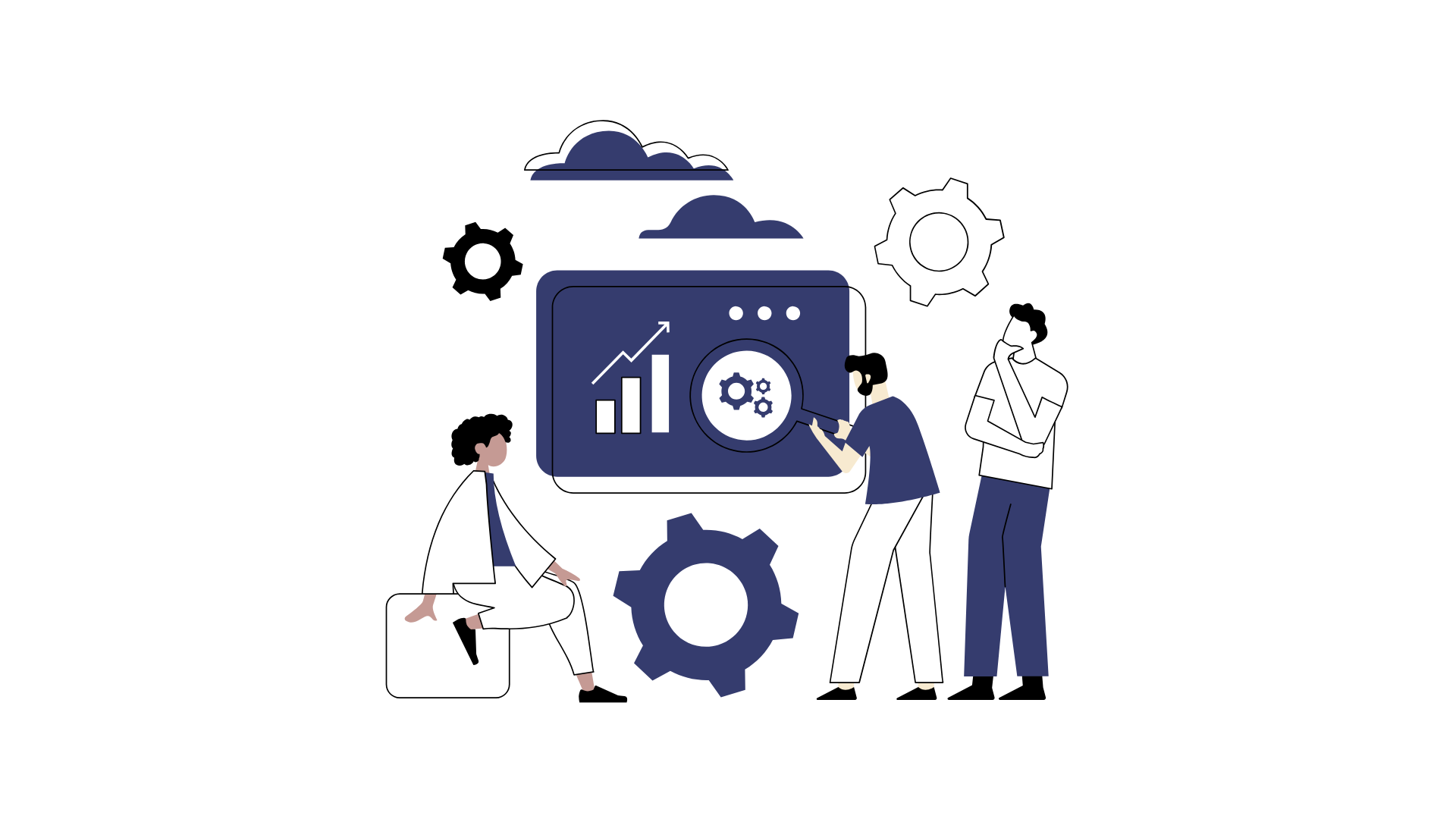 An image highlighing people reviewing a website for an SEO Audit in navy blue and white colour tones